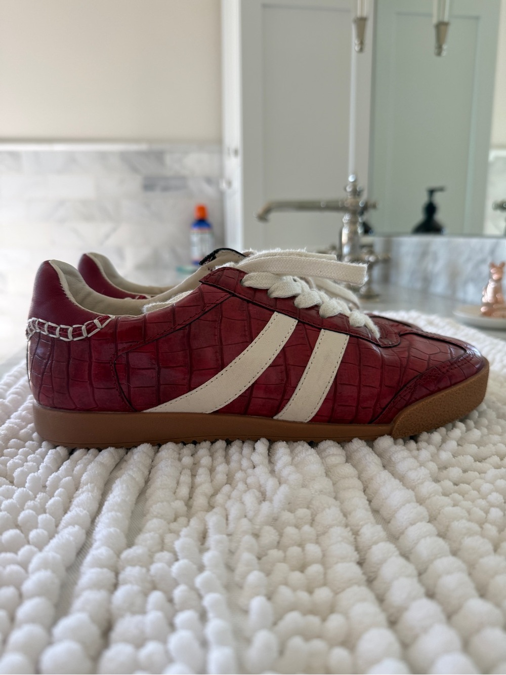 Steve Madden Red Croc-Embossed Sneakers with White Stripes - Picture 3 of 5